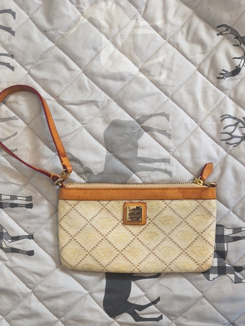 Dooney & Bourke Cream Canvas Wristlet with Tan Leather Trim and Gold Hardware